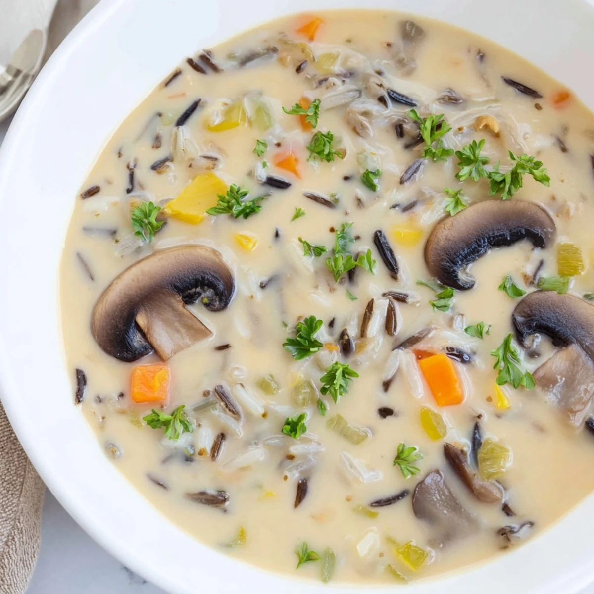 A close-up view of the rich, thick Creamy Mushroom and Wild Rice Soup, perfect for a warming lunch.