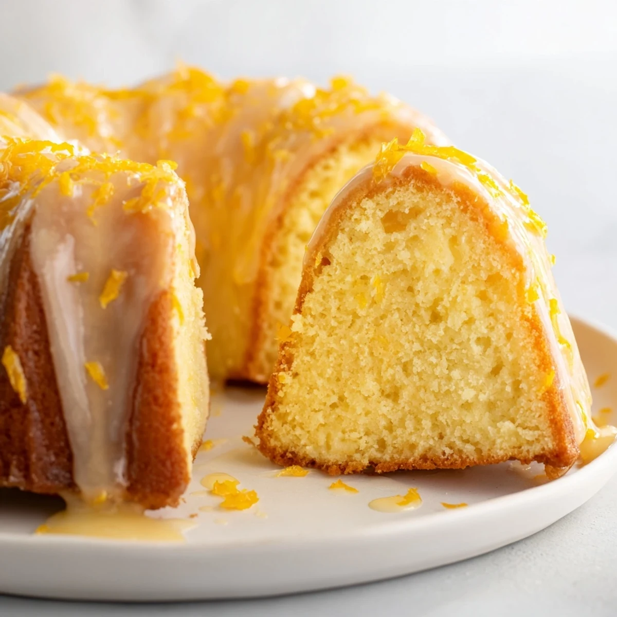 Close-up shot shows a golden, glistening Lemon Drizzle Bundt Cake, ready to enjoy with afternoon tea.