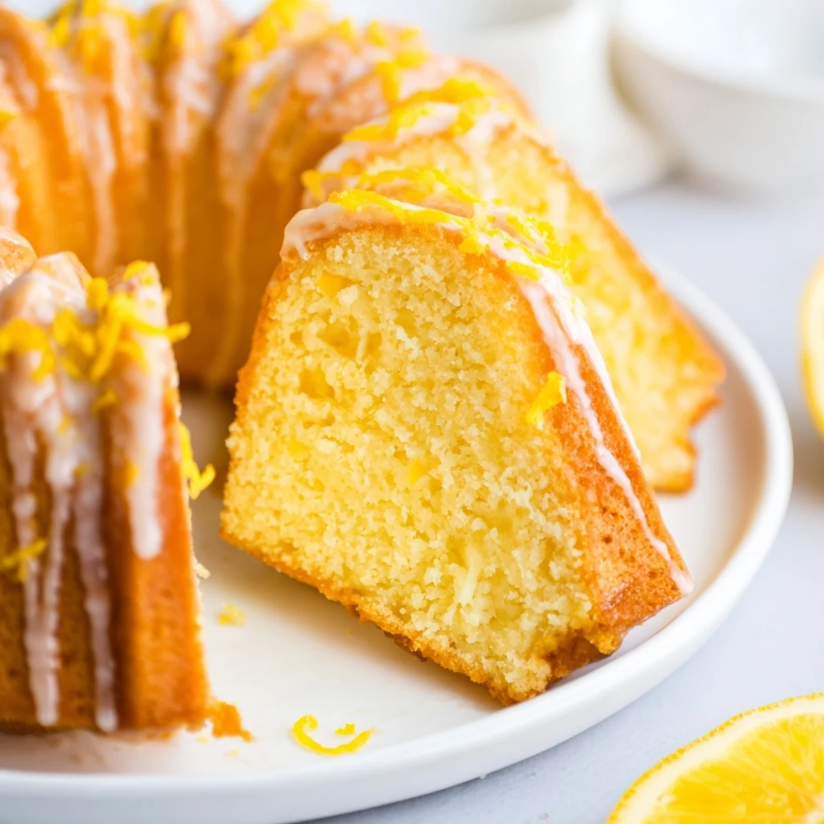 Aromatic, freshly baked Lemon Drizzle Bundt Cake, ideal dessert served and enjoyed by everyone.