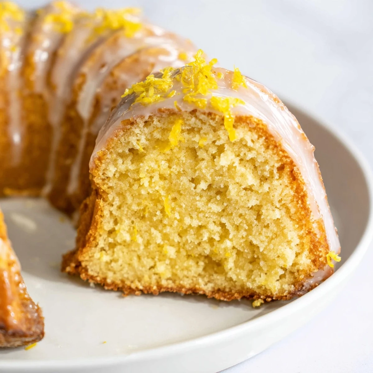 Bright, sunny image of a perfect Lemon Drizzle Bundt Cake with lemon glaze dripping down beautifully.