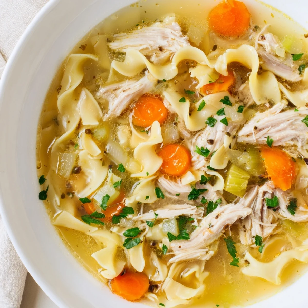 Close-up of a warm bowl showcasing the comforting flavors of this homemade chicken noodle soup.