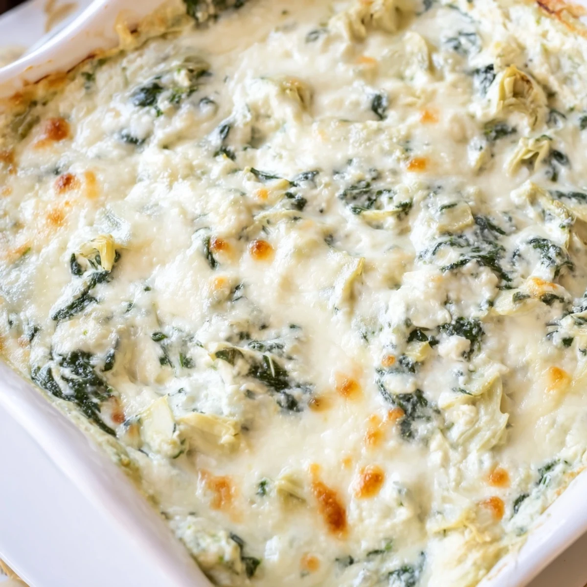 Close-up of creamy Cheesy Spinach and Artichoke Dip with melted mozzarella; imagine that cheesy pull!