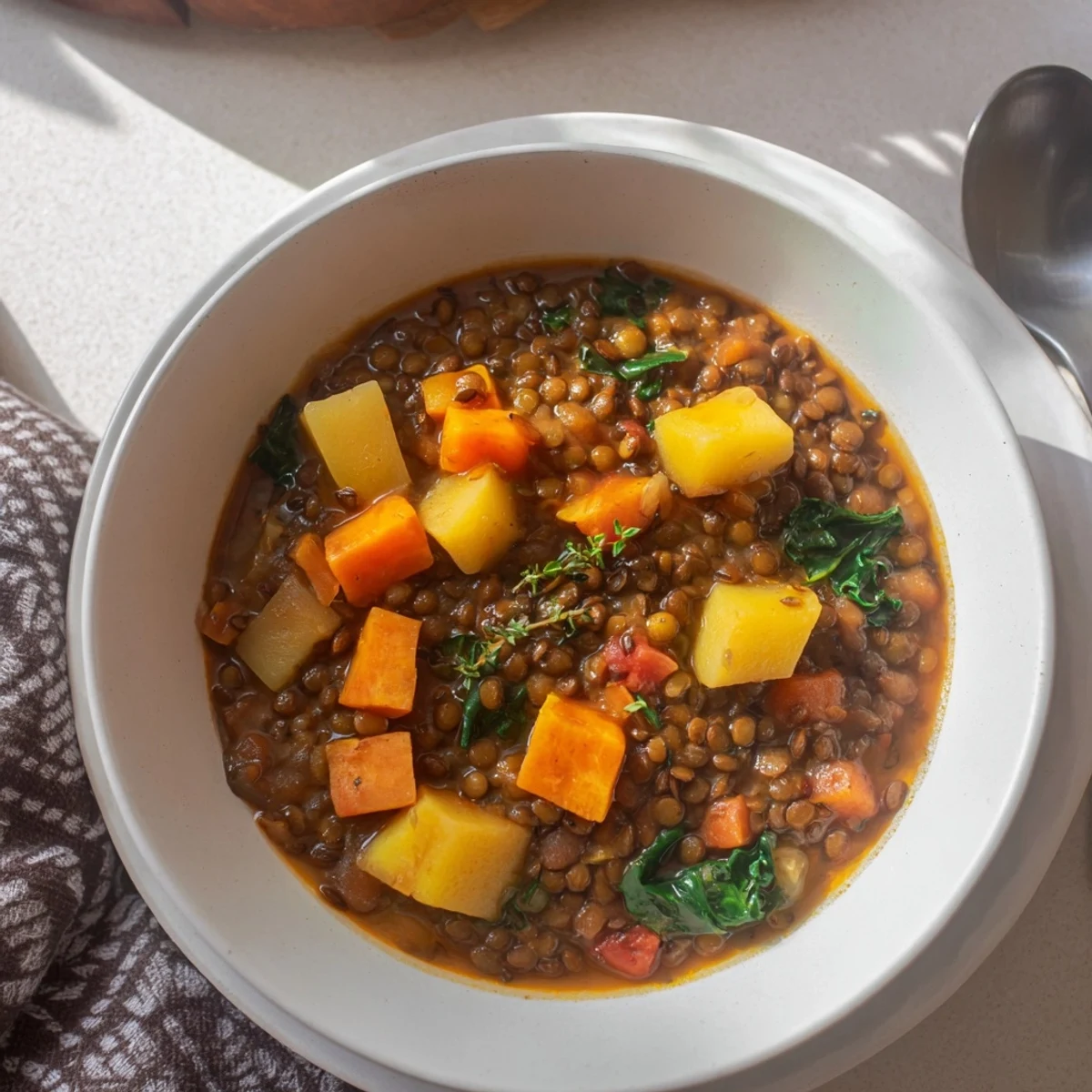 Close-up of a vibrant Winter Vegetable Lentil Stew, a hearty vegetarian meal, ready to enjoy.