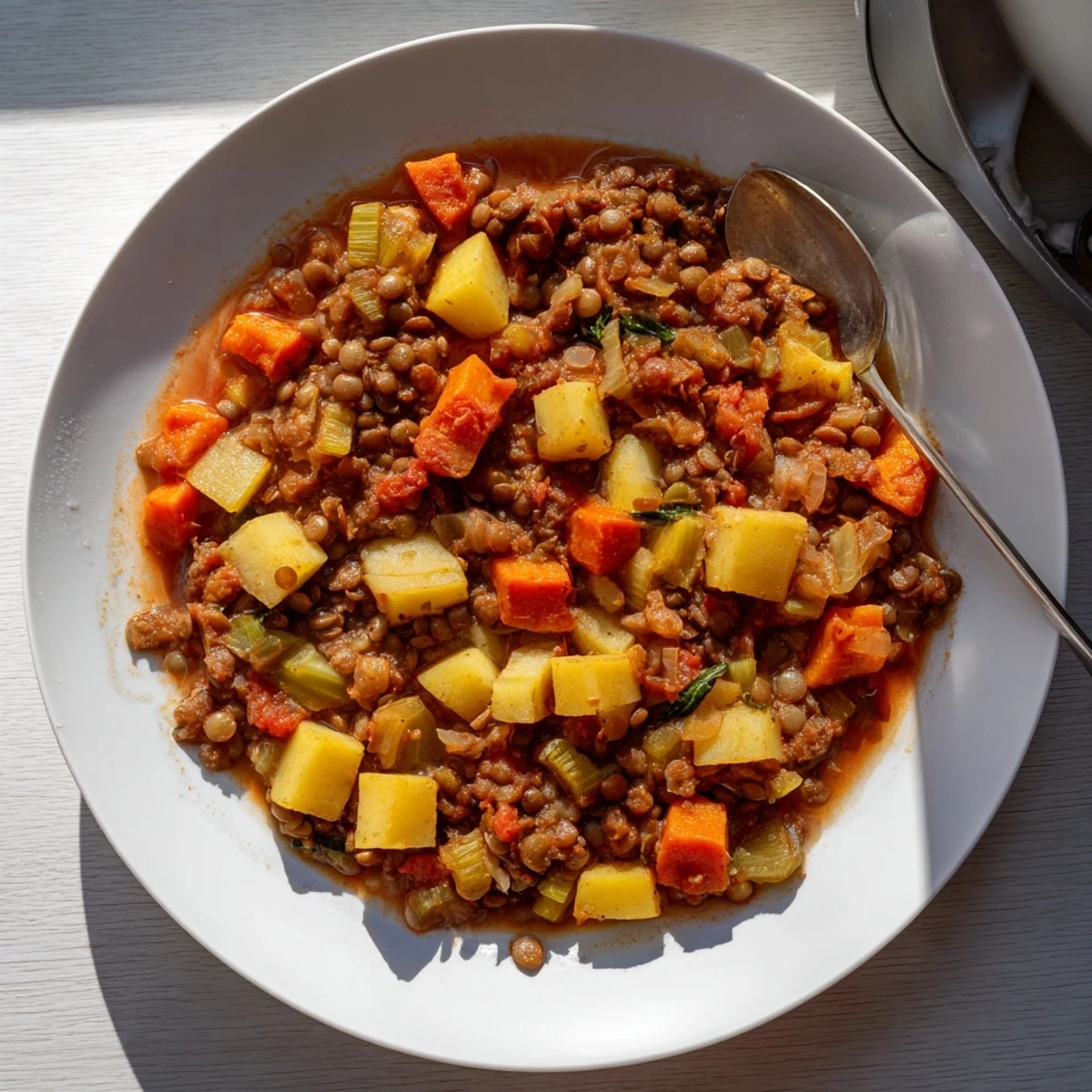 A comforting shot of a Winter Vegetable Lentil Stew, full of color and rich aroma on a table.