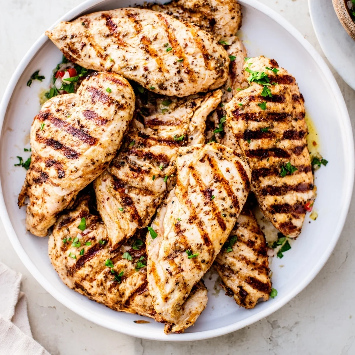 Golden-brown grilled chicken breast, beautifully seasoned with fresh herbs, ready for a delicious meal.