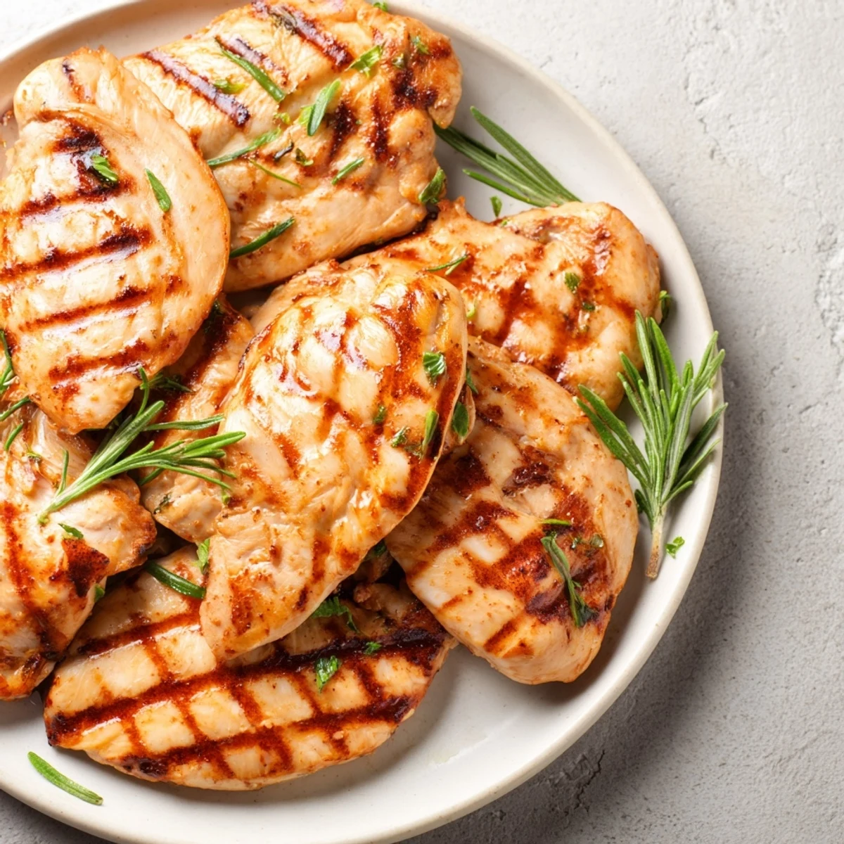Close-up of a flavorful grilled chicken breast glistening from herbs, perfect for a healthy dinner.