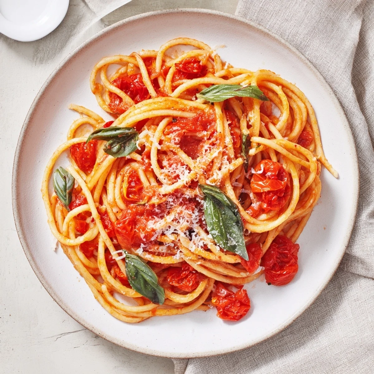 Steaming Spicy Tomato and Basil Pasta, garnished with fresh basil, ready for a delicious dinner.