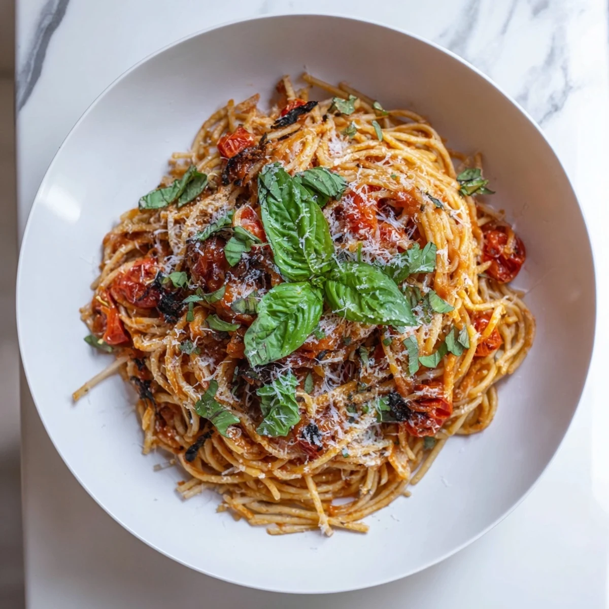Golden-brown Parmesan sprinkled over a big bowl of savory Spicy Tomato and Basil Pasta.