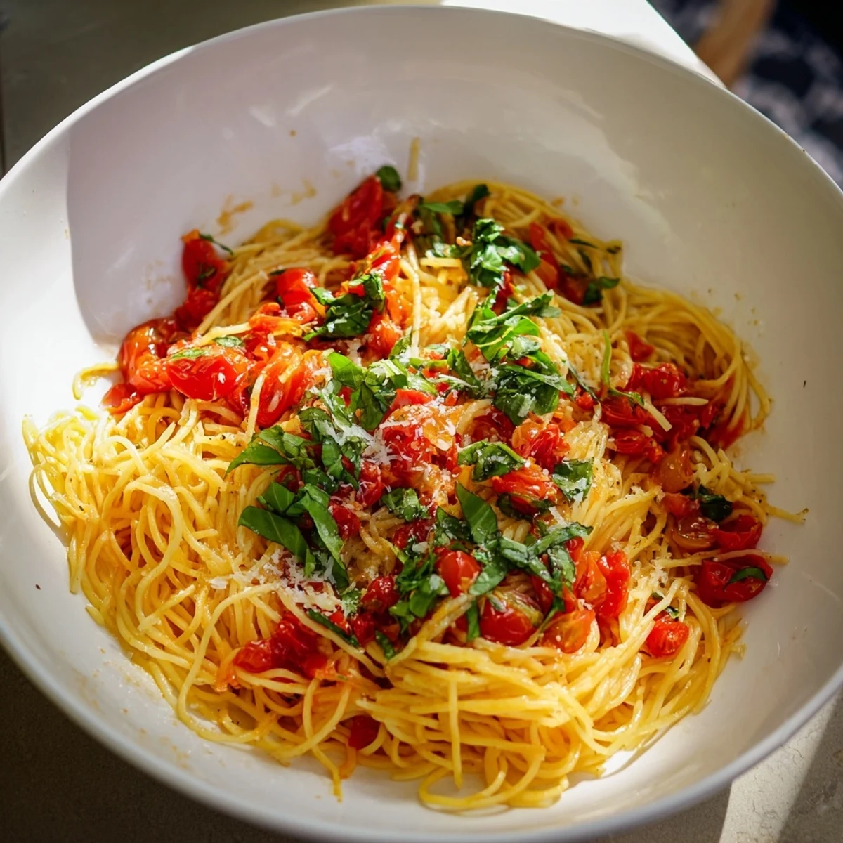 A close-up of Spicy Tomato and Basil Pasta with vibrant red sauce and fresh basil on top.