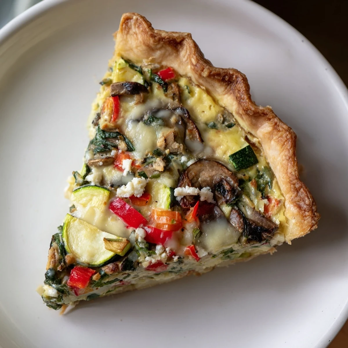Golden-brown vegetable quiche, filled with colorful veggies and creamy custard, ready to serve.