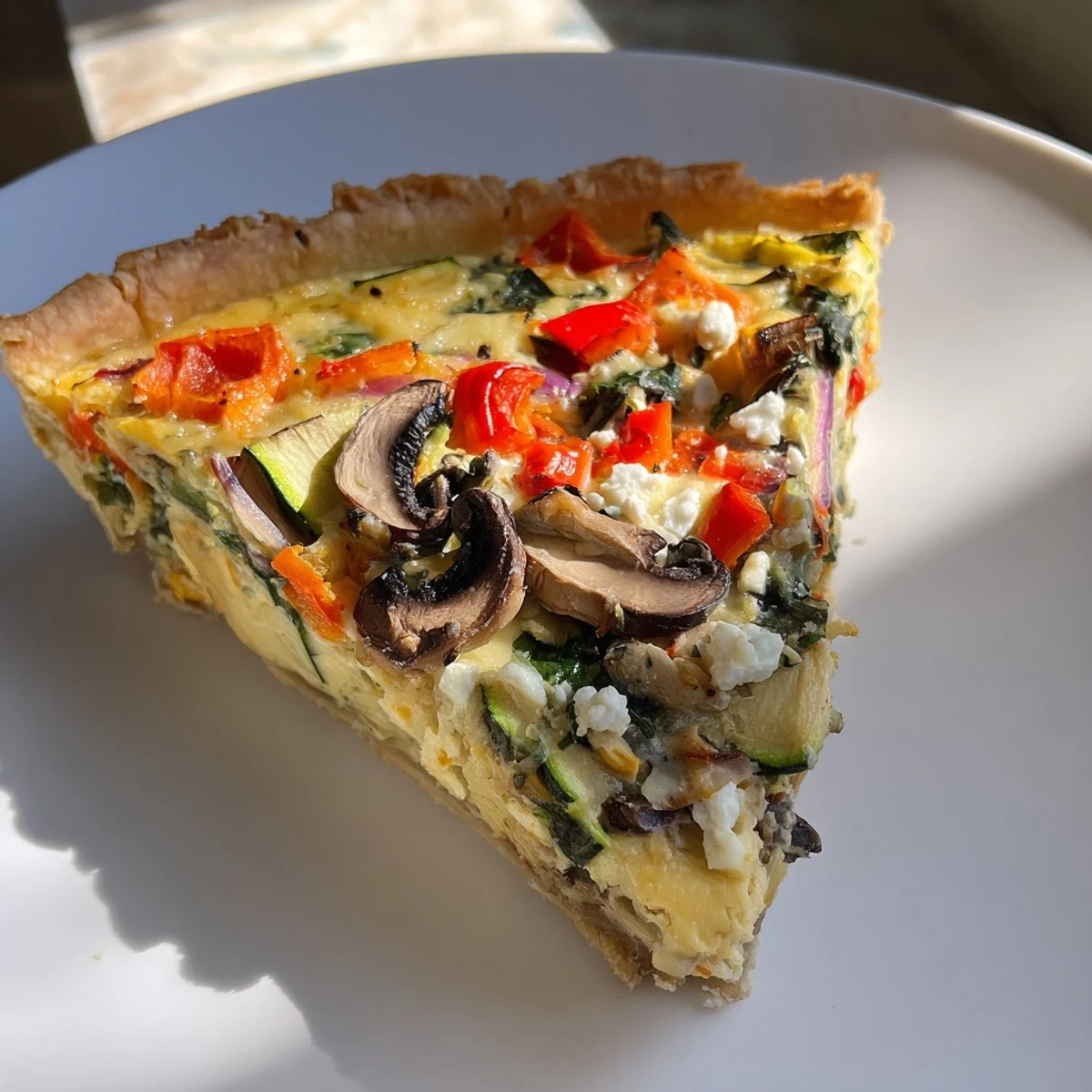 Savory vegetable quiche with a beautiful baked crust, described by vibrant, fresh vegetable filling.