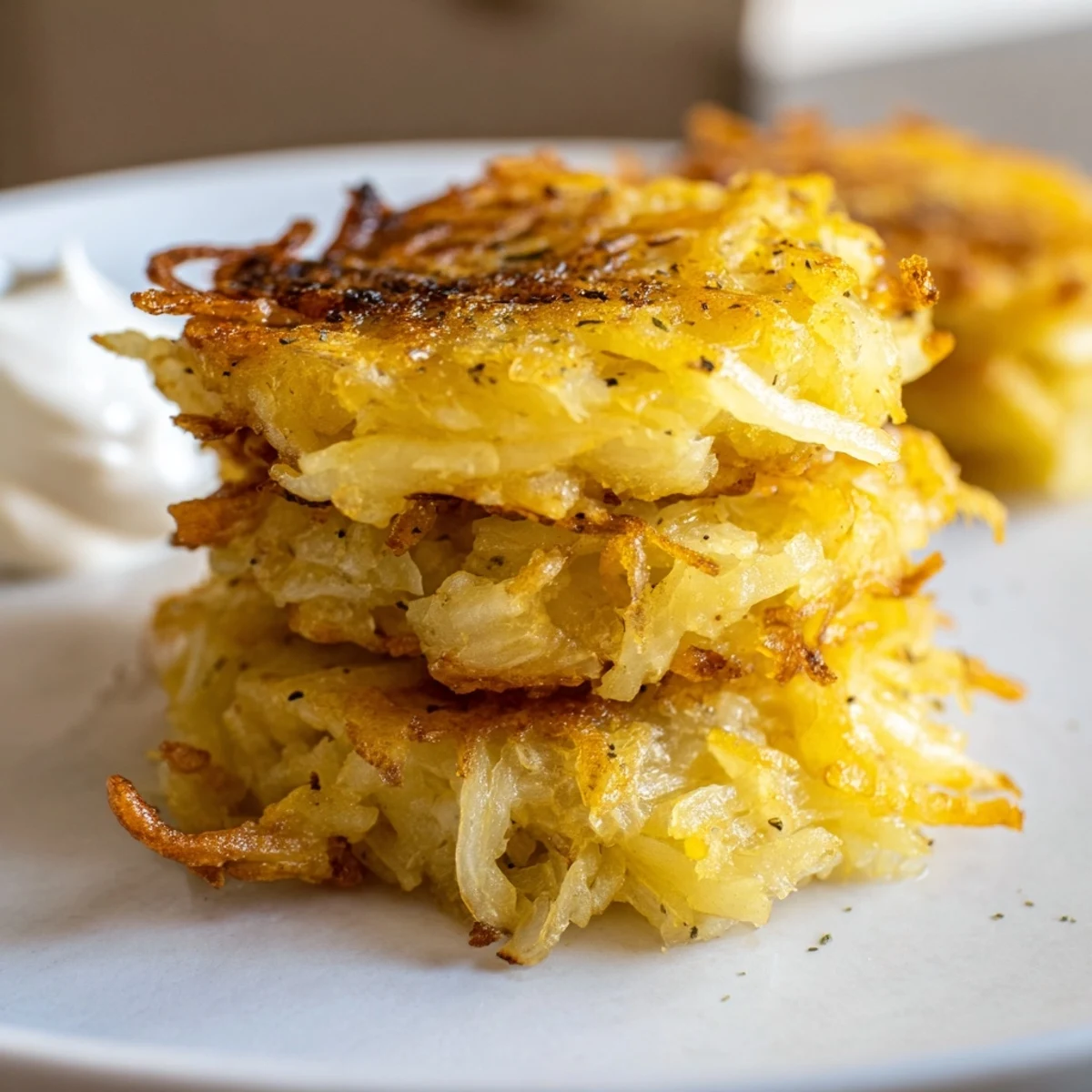 Golden-brown and crispy Potato Latkes, fried to perfection, served with a dollop of sour cream.