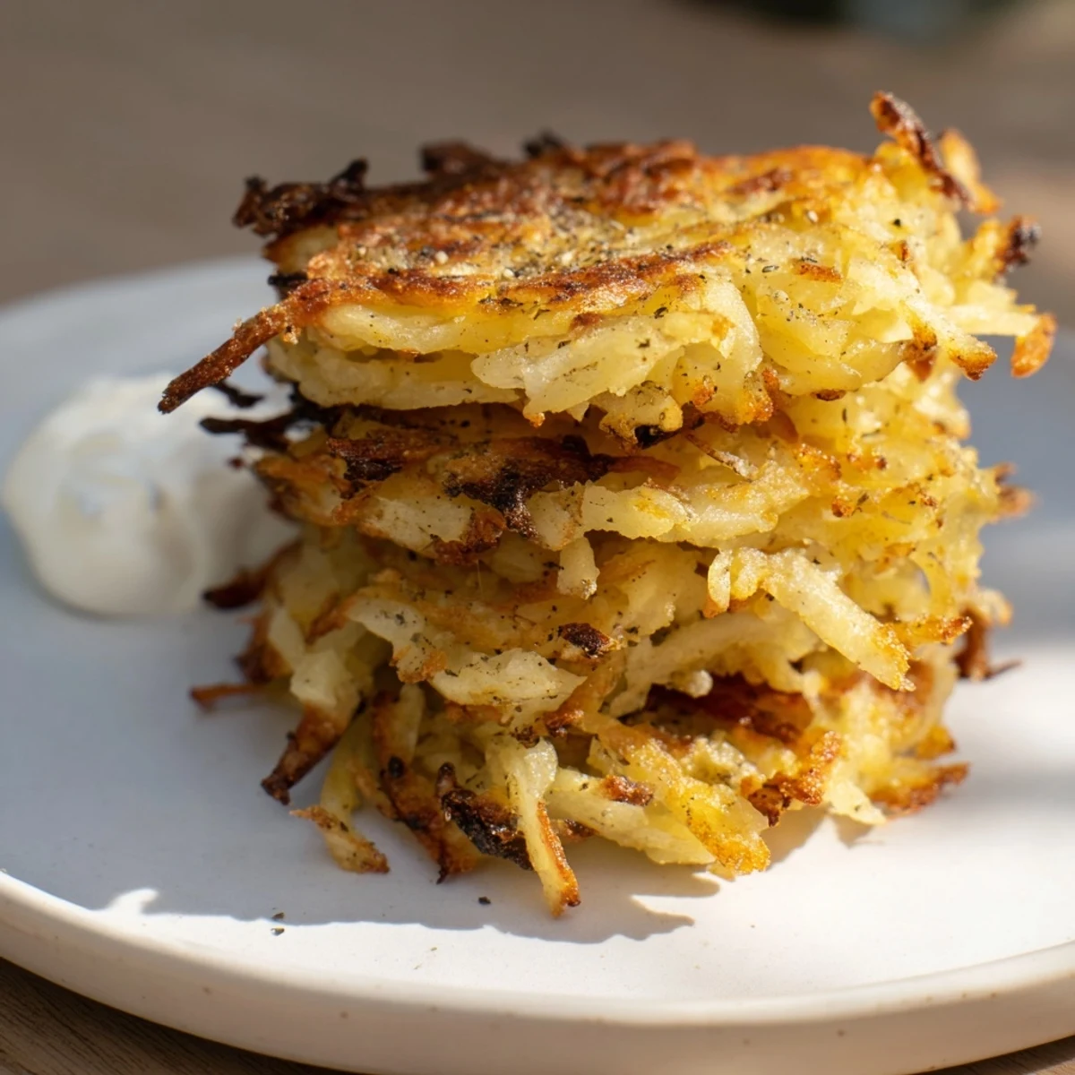 These savory Potato Latkes, pan-fried until golden, are an appetizing brunch or side dish.