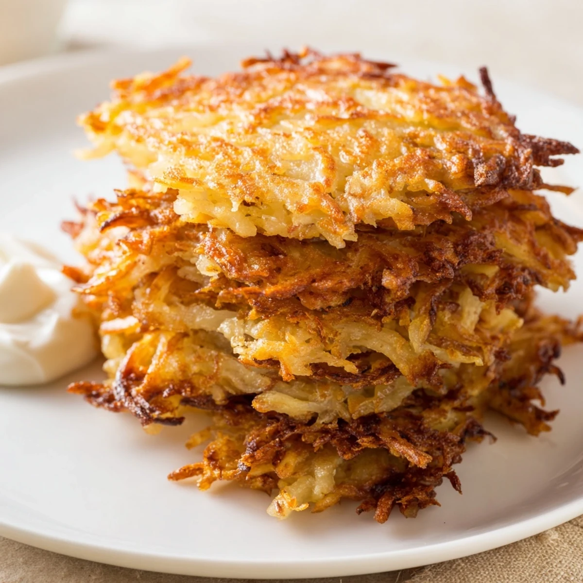 Homemade Potato Latkes, lightly browned, offering a delightful combination of textures and flavors.