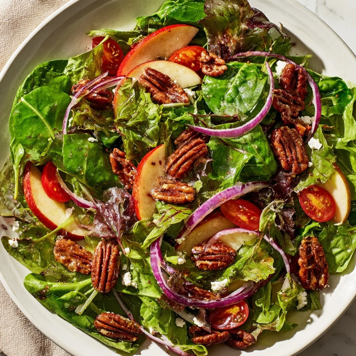 Vibrant Pecan Salad with toasted nuts, fresh greens, and a flavorful, tangy vinaigrette dressing.