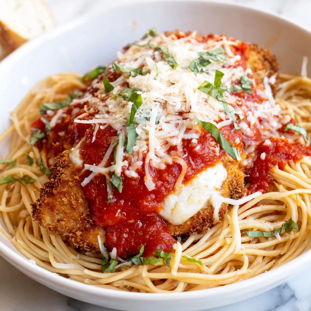 Golden, crispy Chicken Parmesan topped with melted mozzarella, perfect with marinara over spaghetti.
