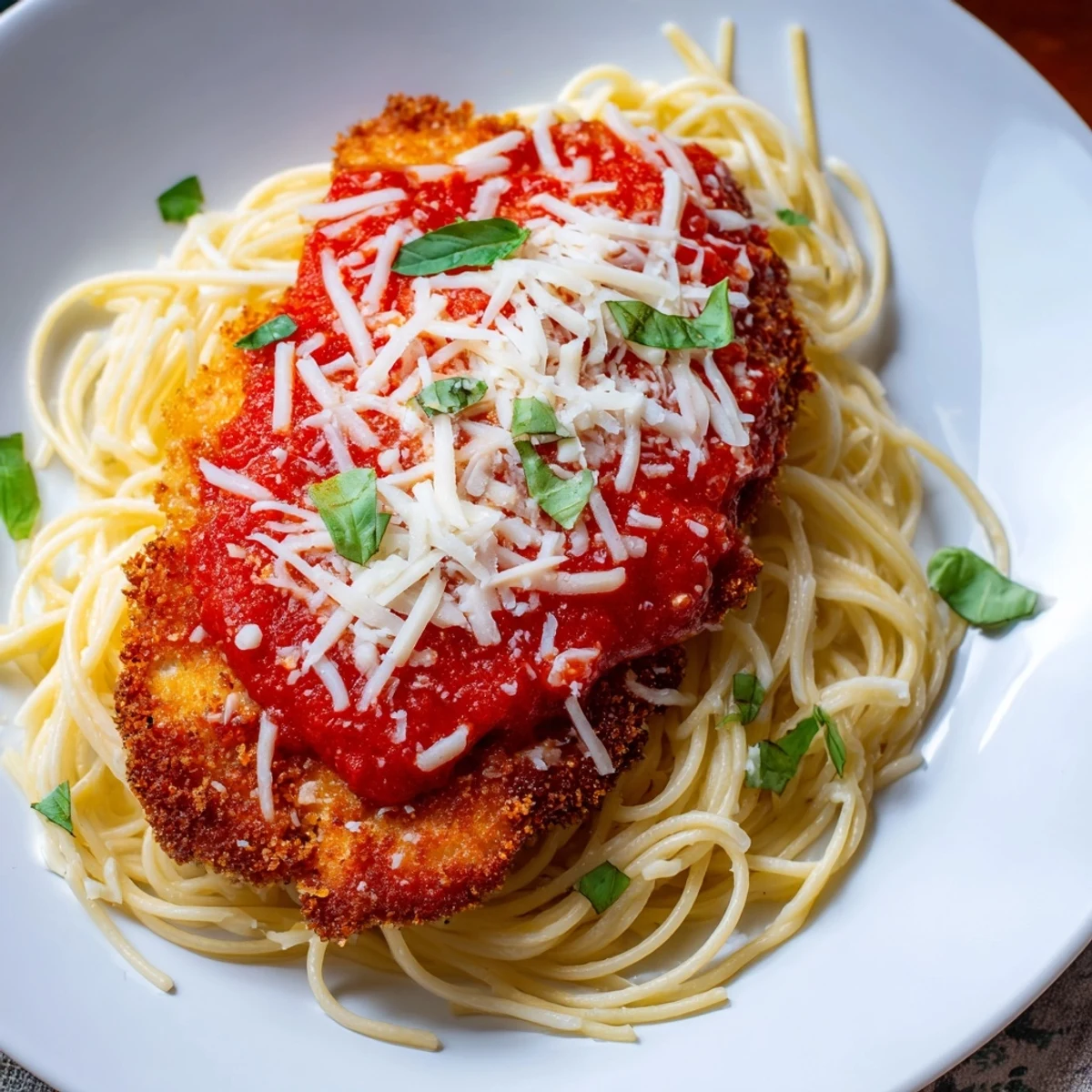 Tender, breaded Chicken Parmesan, showing the delightful textures and a delicious homemade meal.