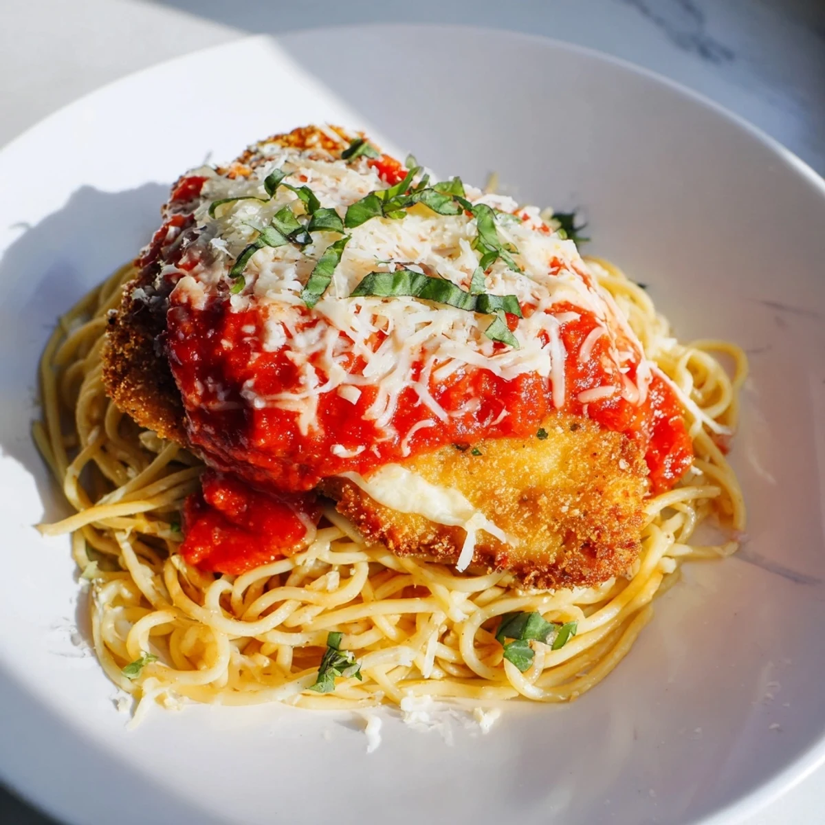 A close-up of cheesy, bubbling Chicken Parmesan after baking, ready to be served and enjoyed.