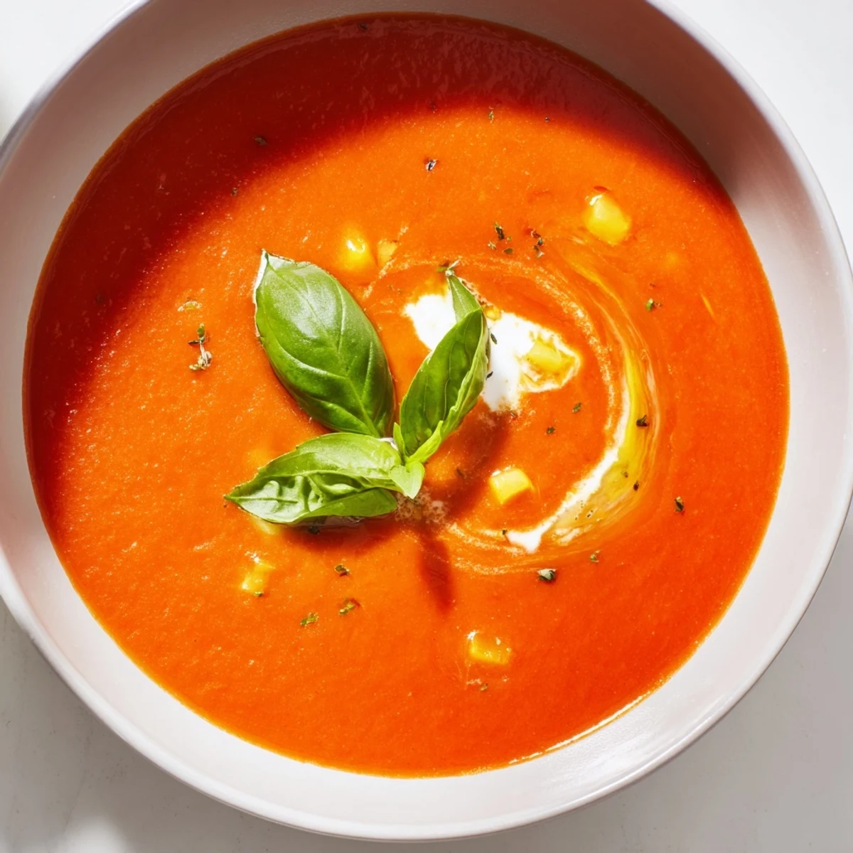 Steaming bowl of tomato basil soup, garnished with fresh basil, ready to eat.