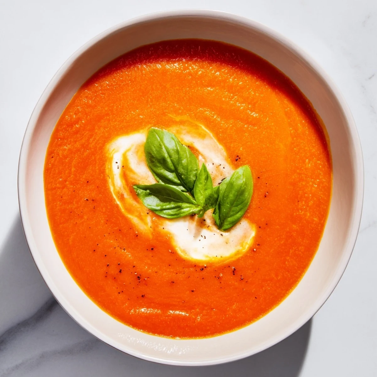 A close-up of smooth, silky tomato basil soup, showcasing fresh basil leaves on top.