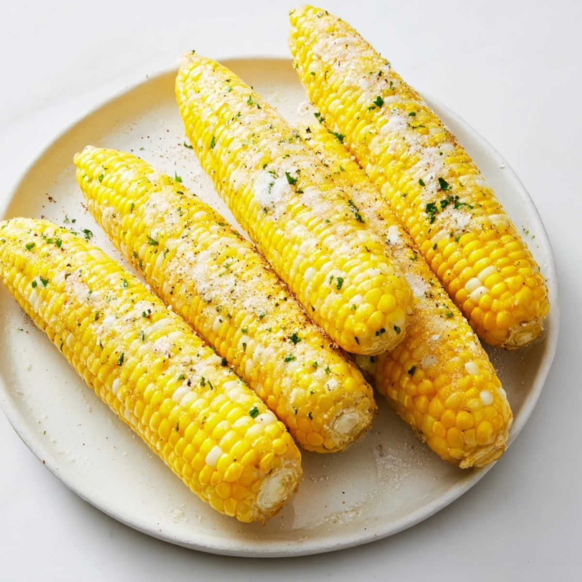 Steaming ears of corn on the cob, glistening with melty butter and sprinkled with herbs.