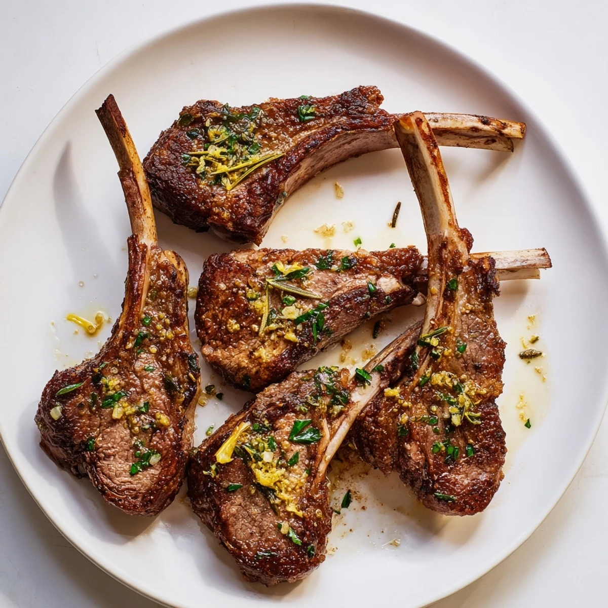 Freshly cooked, tender lamb chops with herbs and garlic, perfect for a Mediterranean-inspired dinner.