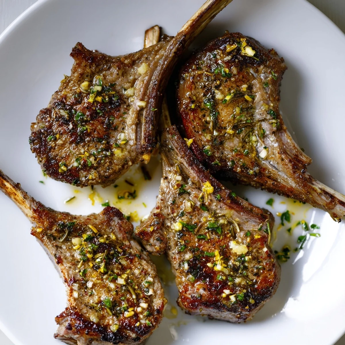 A plate of flavorful lamb chops with vibrant parsley garnish, seasoned and beautifully cooked.