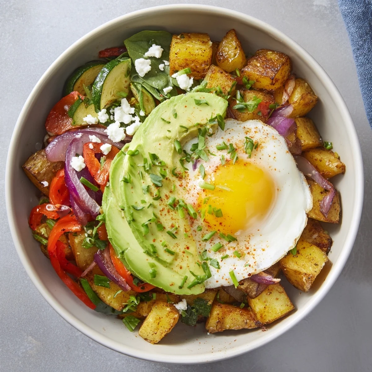 Golden roasted potatoes and creamy avocado top this savory breakfast bowl brimming with flavor.