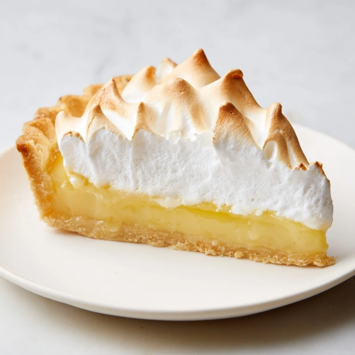 Golden, bubbly meringue atop a slice of this delectable Lemon Meringue Pie.