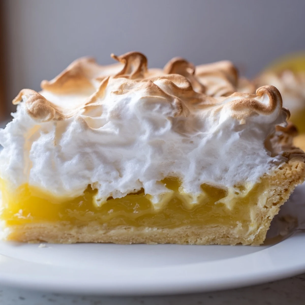 This photo depicts a beautifully presented Lemon Meringue Pie, ready to be served and enjoyed.
