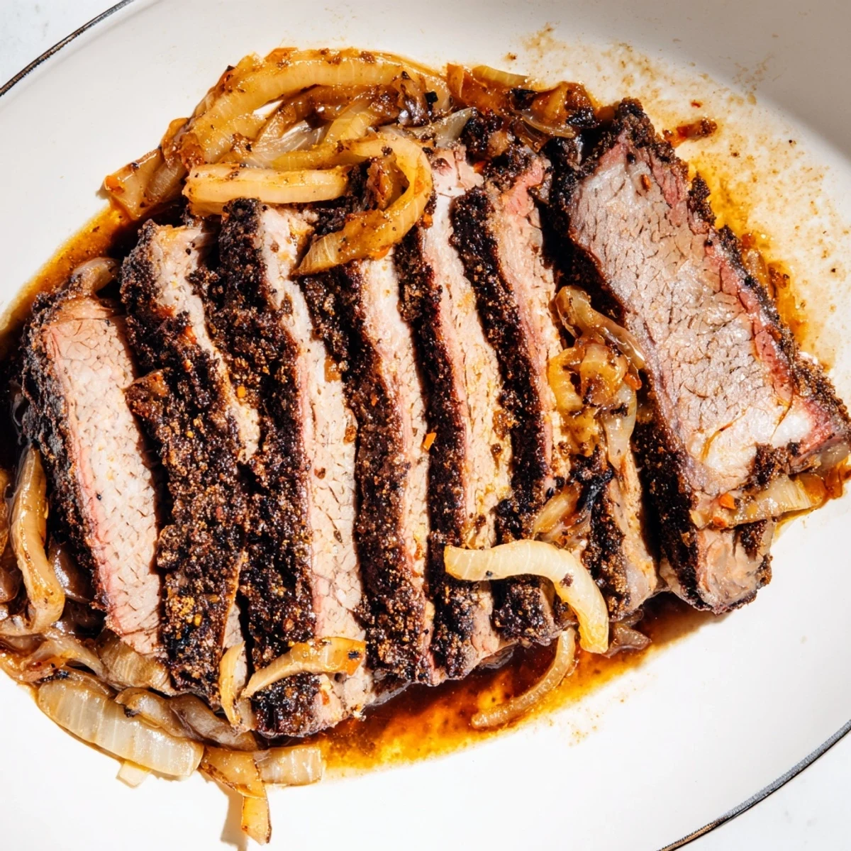 Sliced beef brisket glistening with flavorful juices, alongside roasted carrots and onions.