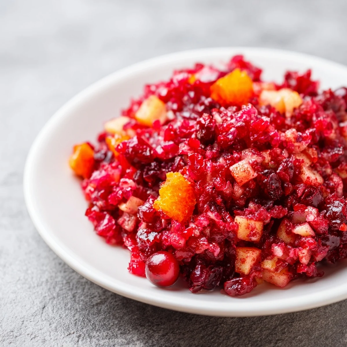 Bright red Cranberry Relish, chunky with fresh cranberries and fruit, ready to serve this holiday season.