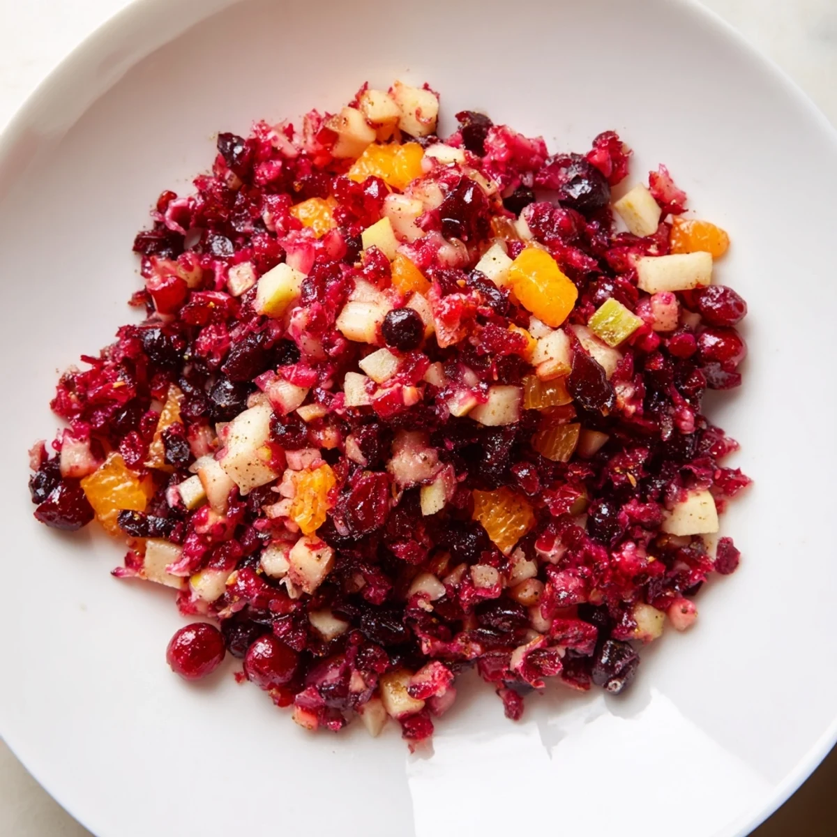 Homemade Cranberry Relish in a glass serving bowl; the vibrant red color is a festive side dish.