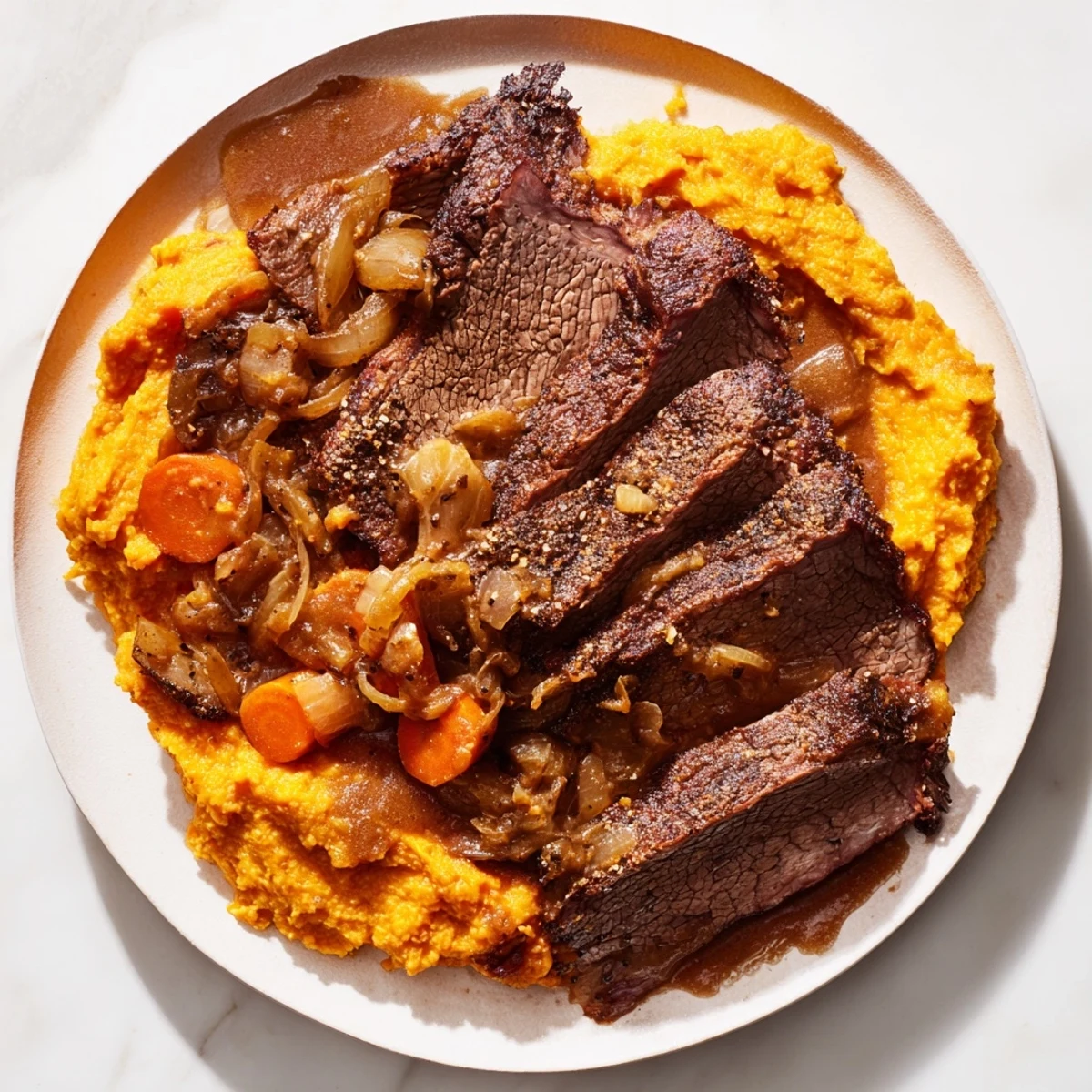 Juicy beef brisket with tender sweet potato mash: a comforting and flavorful American classic.