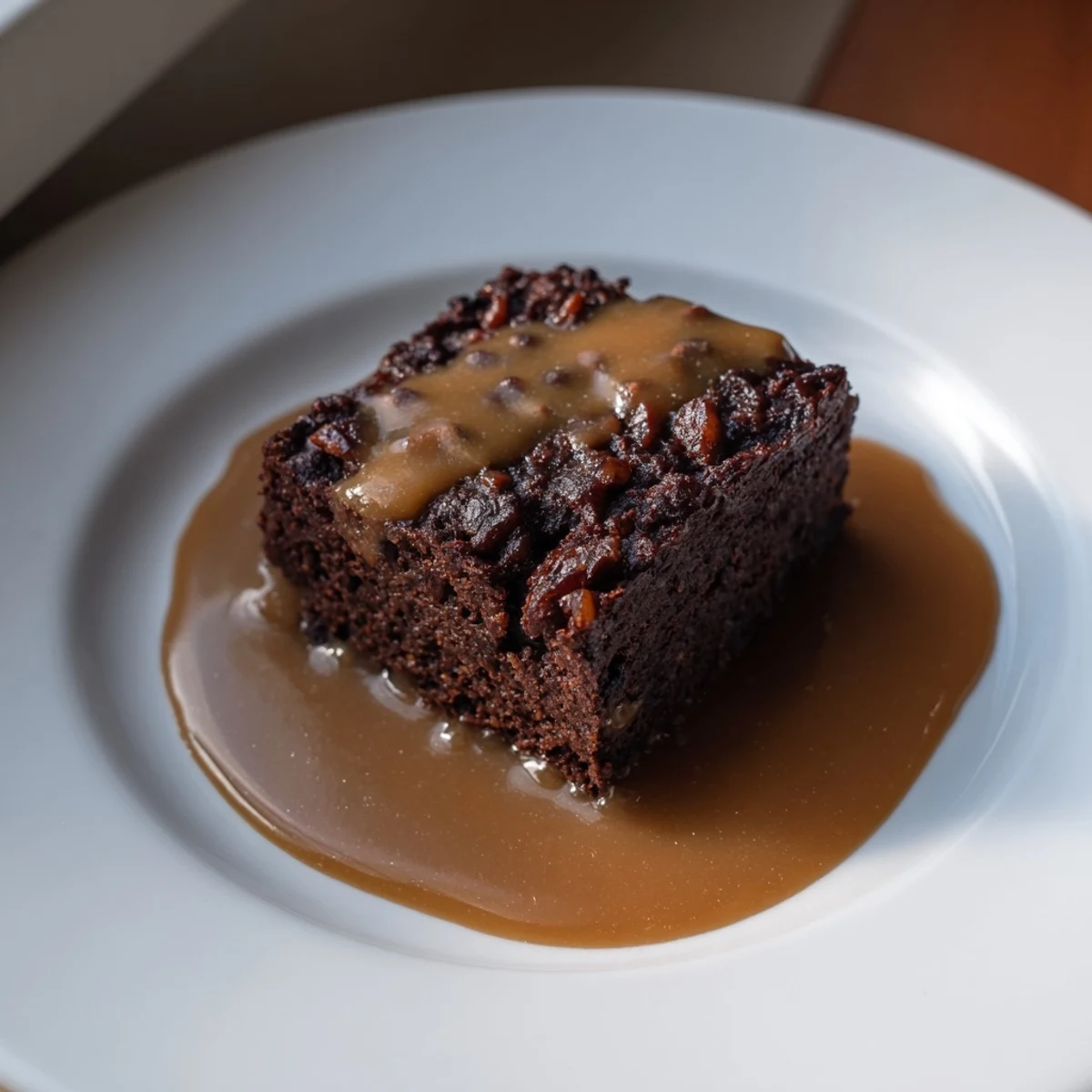Delightfully moist sticky date pudding, drizzled with glossy toffee sauce, ready to serve warm.