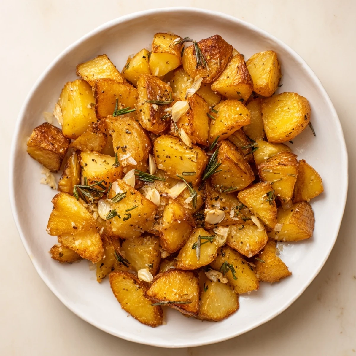 Golden roasted potatoes, glistening and crisp, are infused with garlic and fragrant herbs, an ideal side.