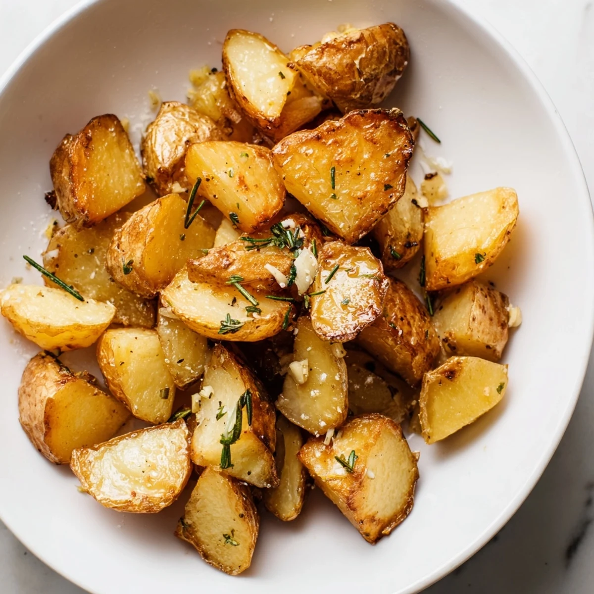 A close-up of golden roasted potatoes, perfectly browned and seasoned with thyme for a special dinner meal.