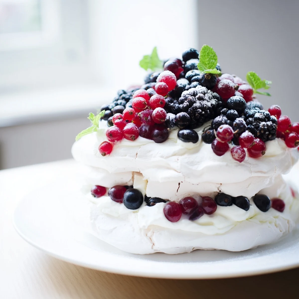 A beautiful layered Winter Berry Eton Mess with bright red berries and creamy whipped topping.