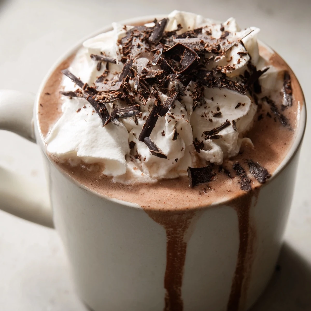 A steaming mug of Spiced Hot Chocolate with cardamom, garnished with whipped cream and chocolate shavings.