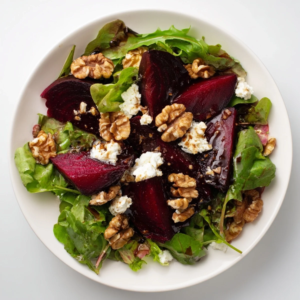 Vibrant Roasted Beetroot and Walnut Salad with goat cheese, a colorful and healthy lunch.
