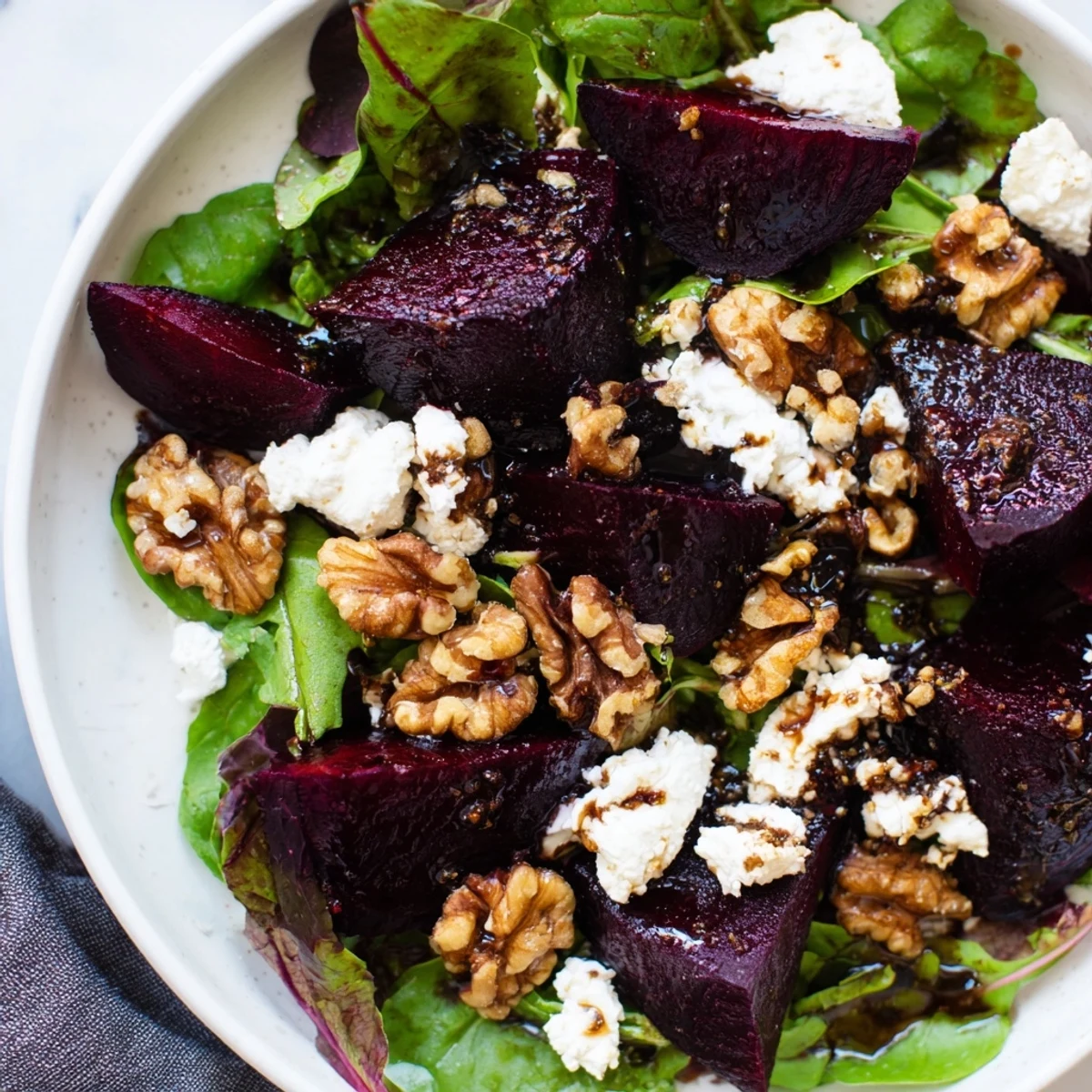 Crunchy walnuts and creamy goat cheese complement the earthy Roasted Beetroot and Walnut Salad perfectly.