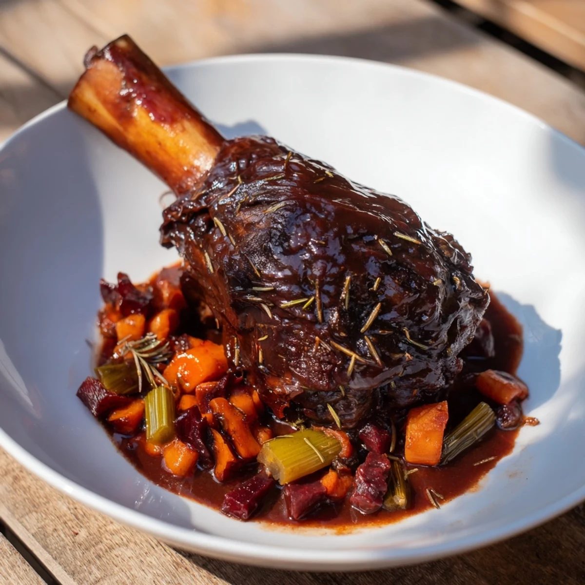 Tender, fall-off-the-bone braised lamb shanks with rosemary, glistening in a rich, flavorful sauce.