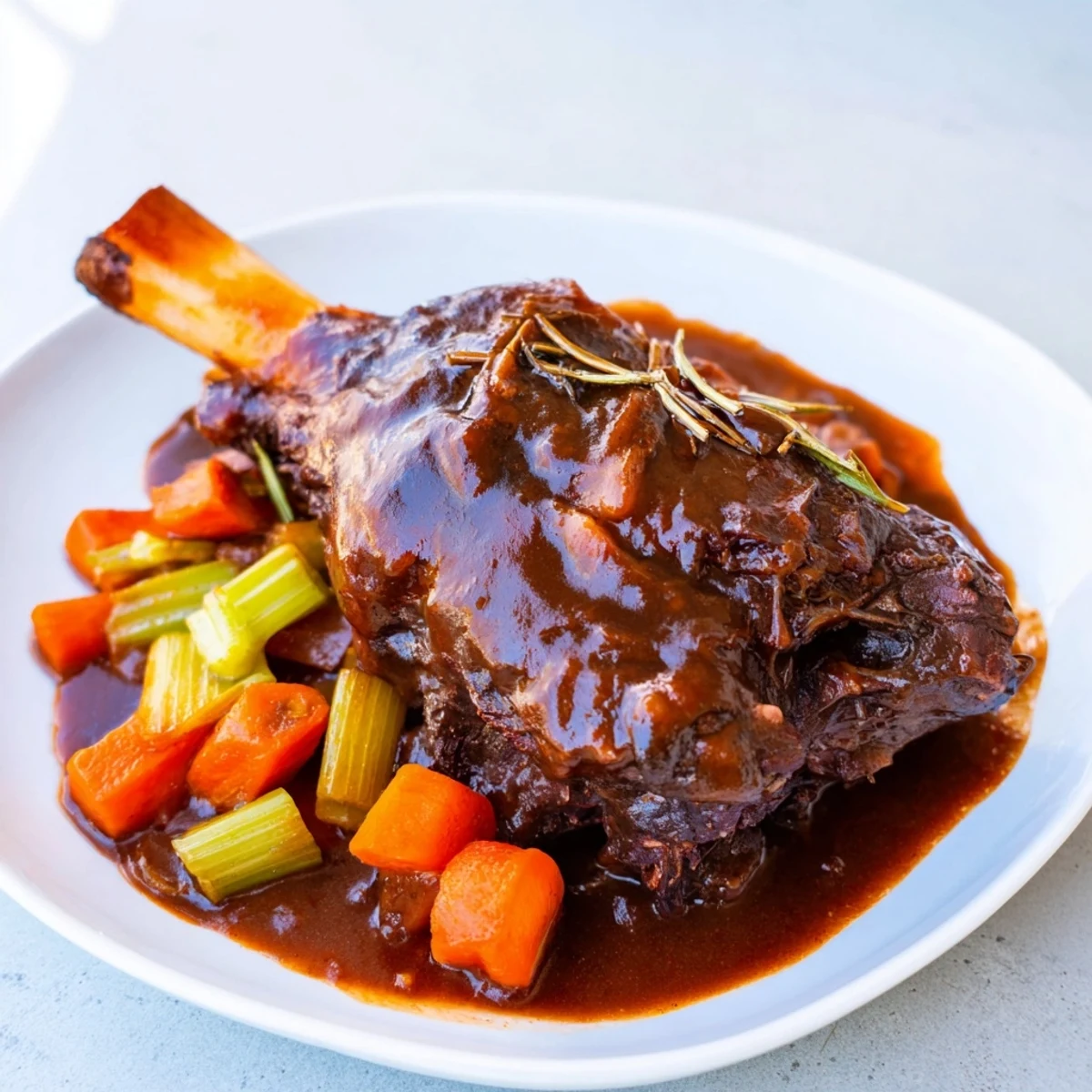A close-up of a plated braised lamb shanks recipe, showcasing succulent meat with fresh herbs.
