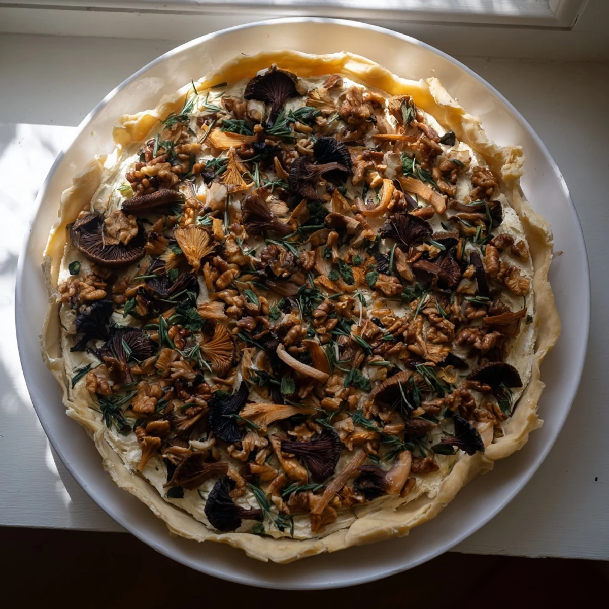 Golden, flaky Savory Mushroom and Chestnut Tart, filled with a creamy mushroom mixture, ready to eat.