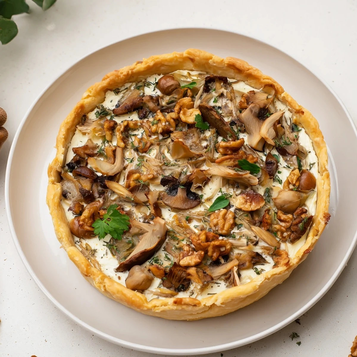 Close-up of baked Savory Mushroom and Chestnut Tart, featuring a bubbling custard filling and flaky crust.