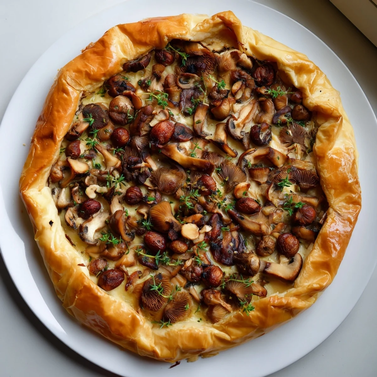 Warm, elegant Savory Mushroom and Chestnut Tart, served, showcasing the earthy mushrooms and creamy cheese.