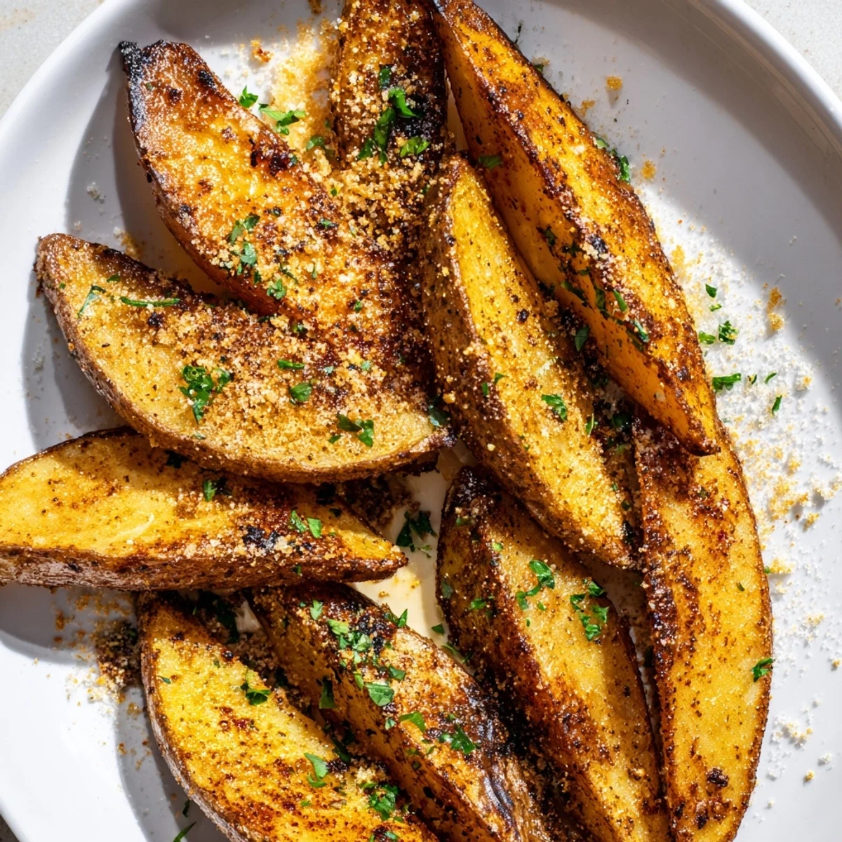 Golden brown crispy baked potato wedges fresh from the oven, ready to serve and enjoy.