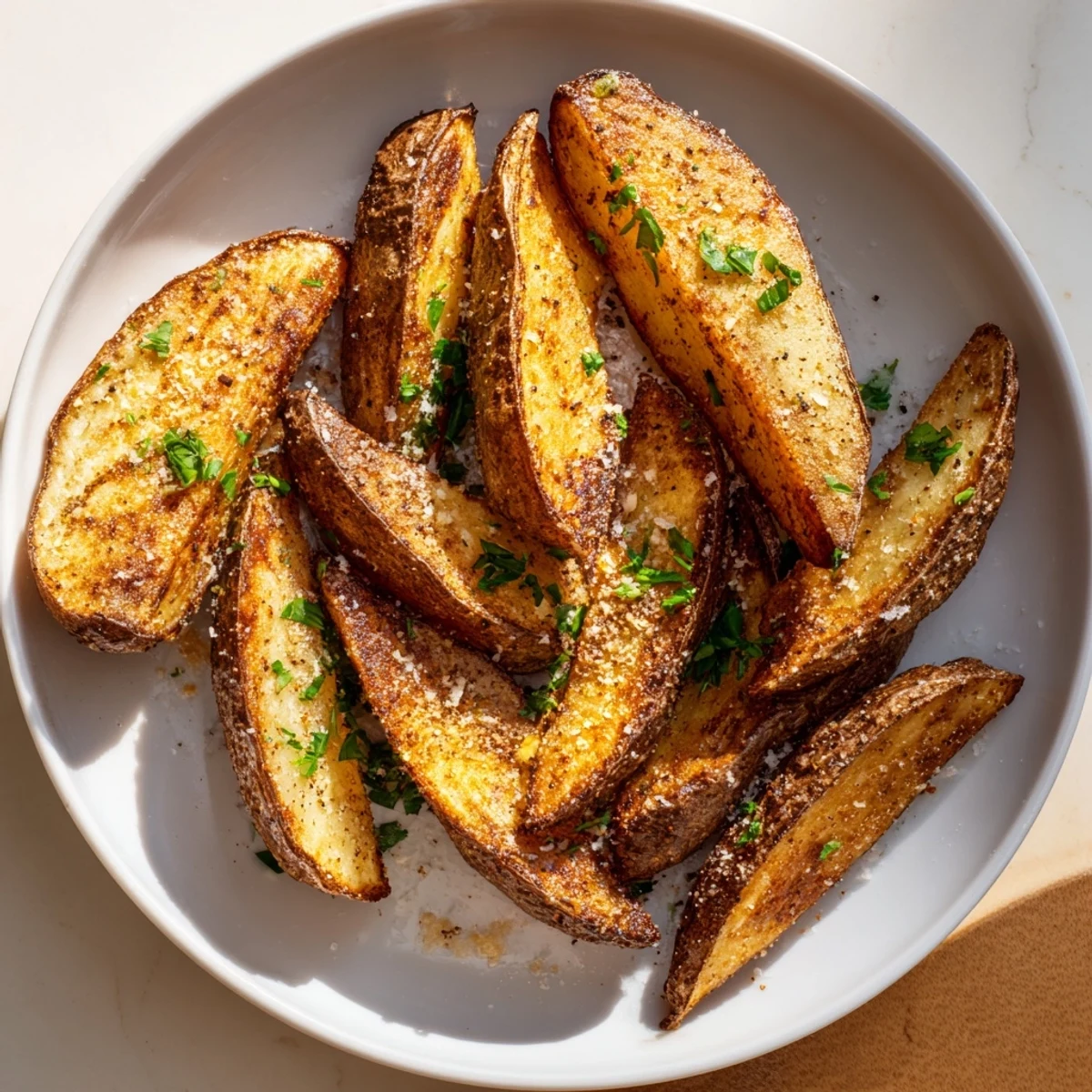 A close-up shot of seasoned crispy baked potato wedges with a sprinkle of herbs and cheese.