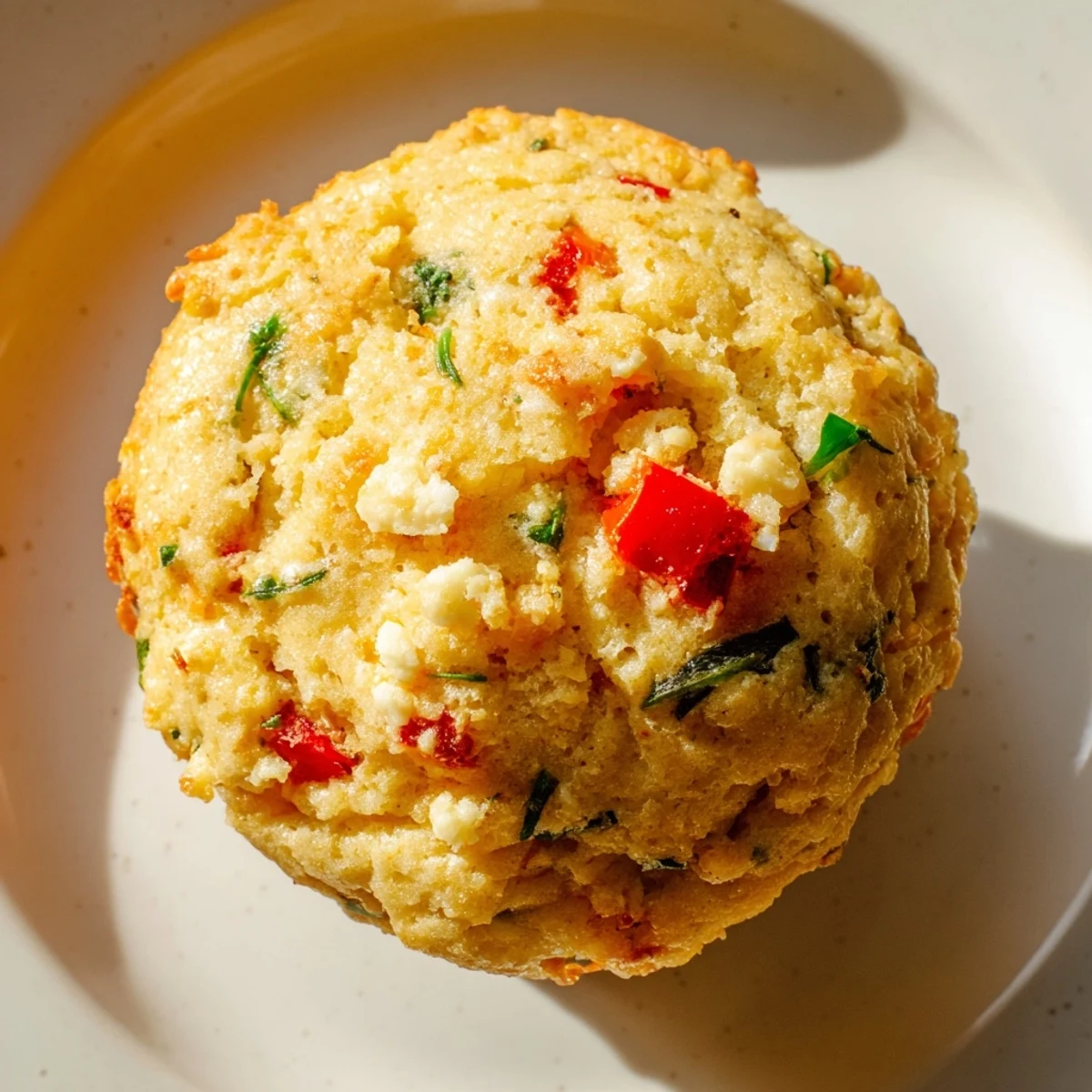 A close-up of fluffy savory muffins, featuring bits of vegetables and melted cheese.