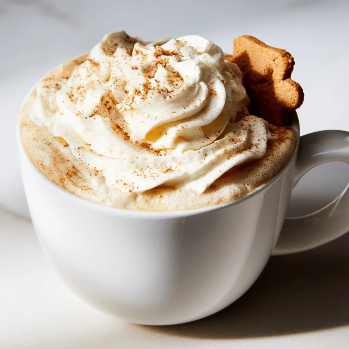 Steaming Gingerbread Latte, topped with whipped cream and cinnamon, offers a festive treat.